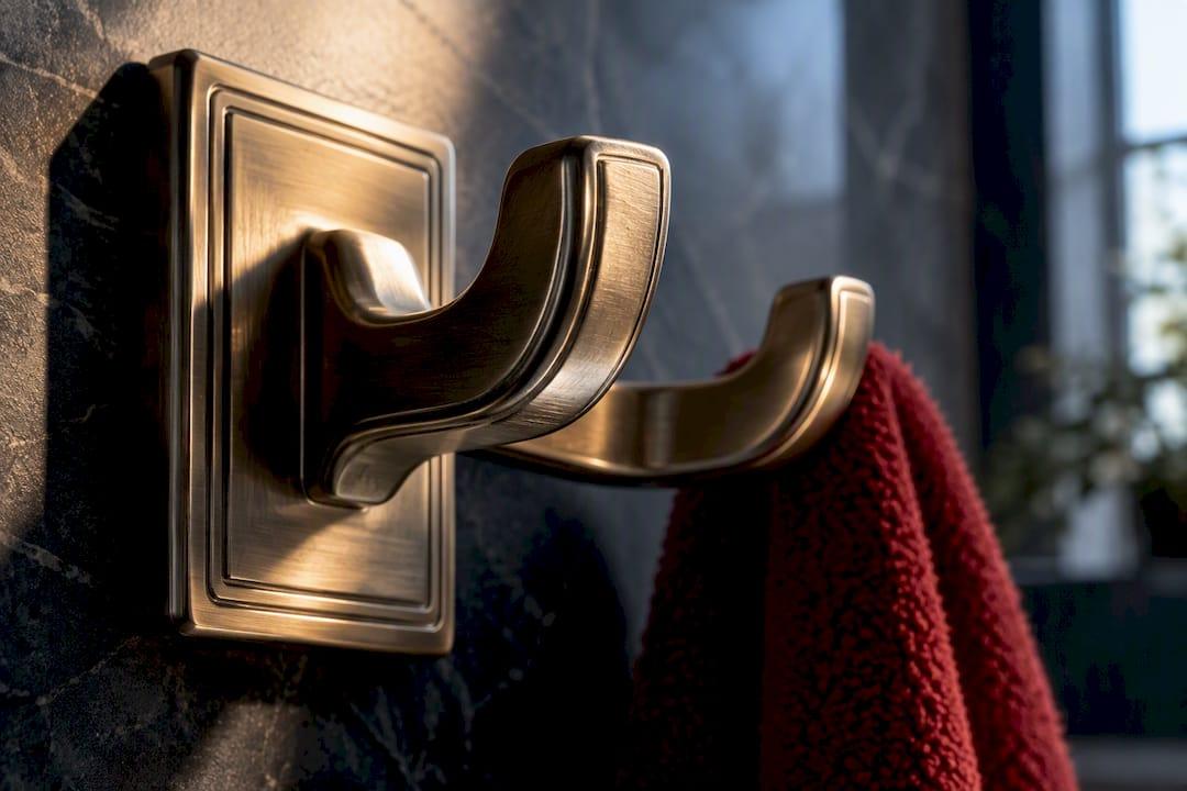 Close-up of engraved double-prong robe hook