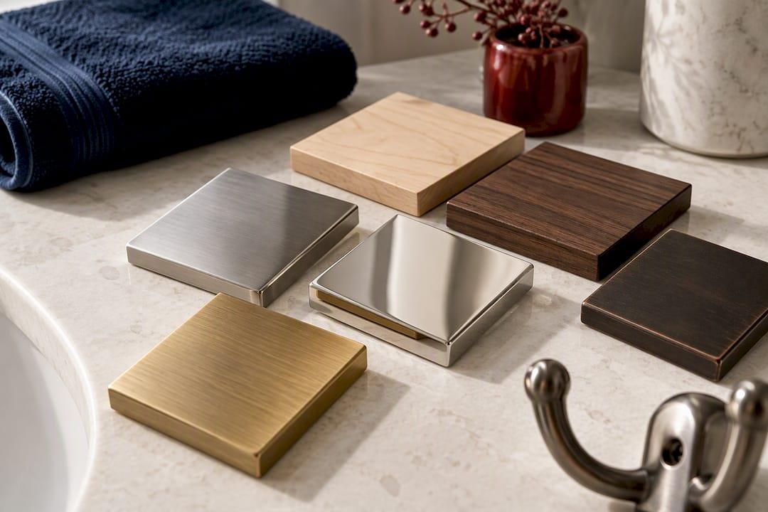 Metal and wood finish samples beside hook