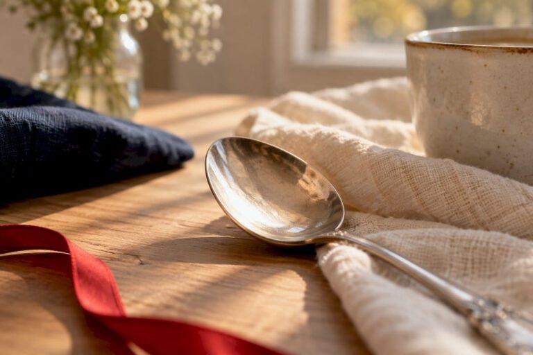 Personalized keepsake spoon beside baby gift cloth