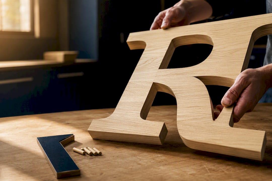Detalle de una letra gigante de madera ensamblada