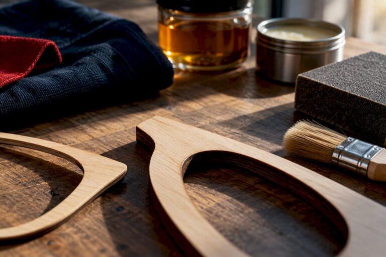 Cropped wood blanks on finishing workbench