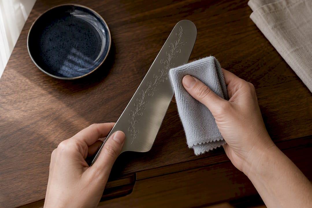 Hands gently polishing an engraved metal utensil