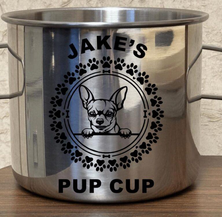 Engraved stainless steel Chihuahua pup cup gift with dog's name and paw print design