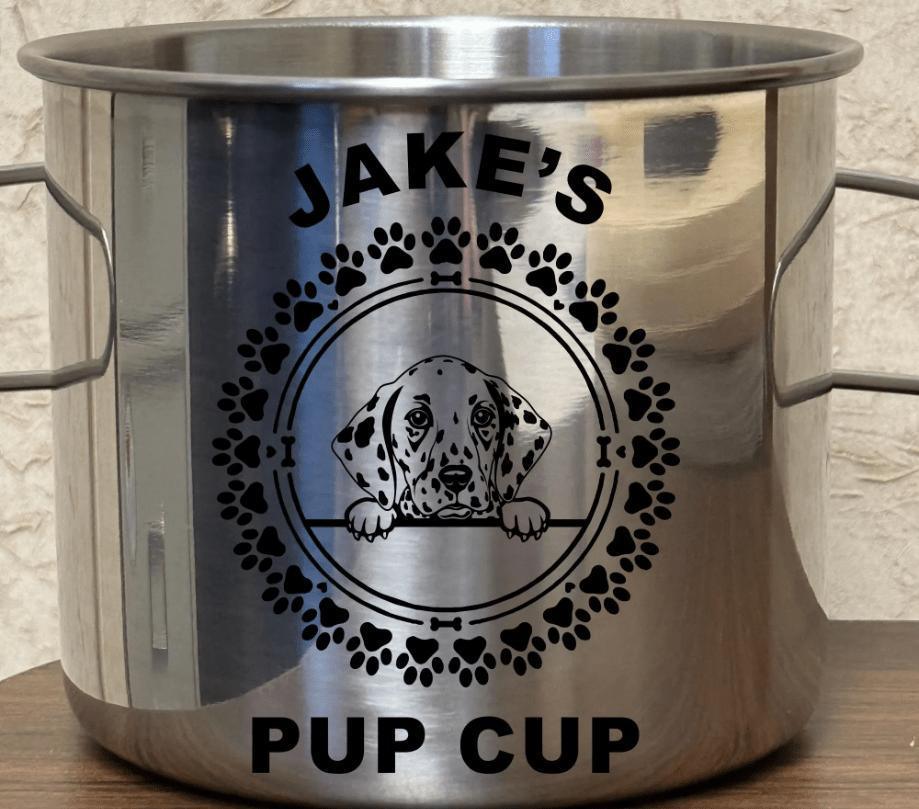 Dalmatian Pup Cup - Personalized Firefighter Dog Mug Engraved stainless steel Dalmatian pup cup personalized with dog's name, a firefighter-themed gift mug