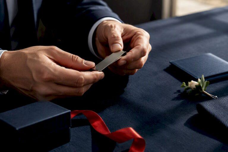 Groom inspecting engraved groomsmen gift