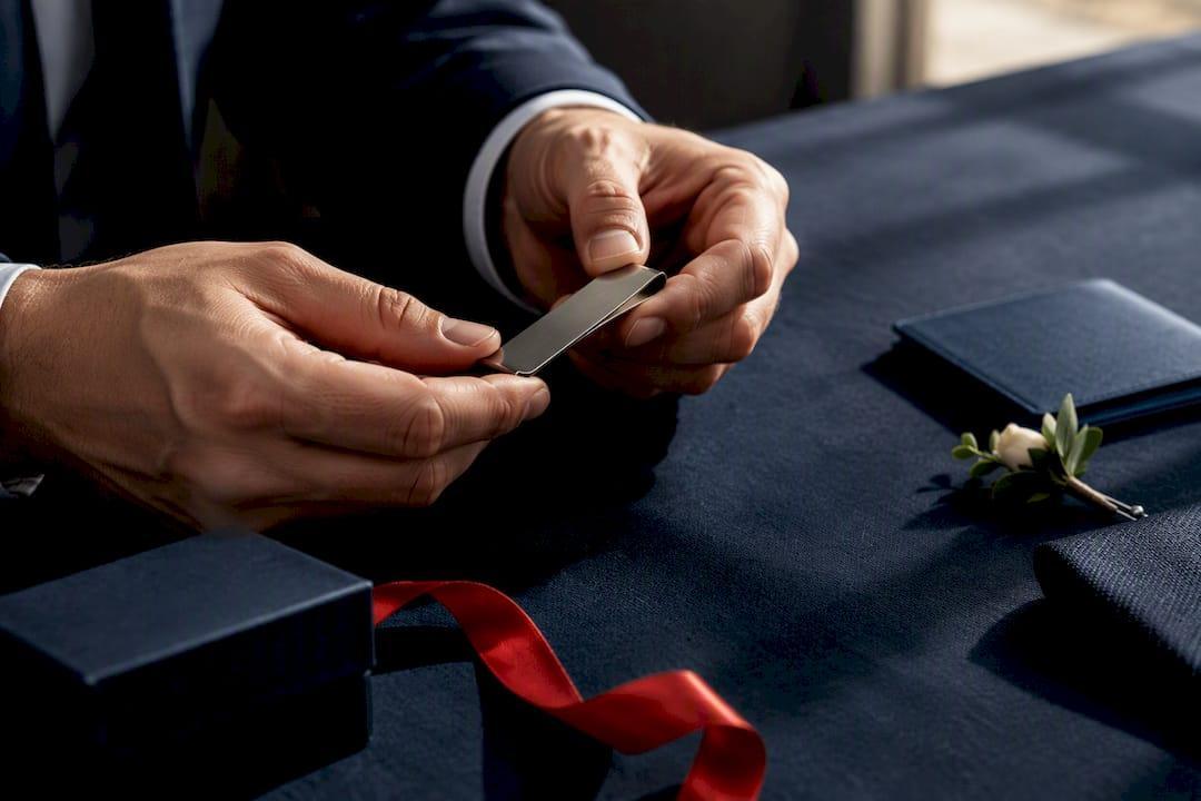 Groom inspecting engraved groomsmen gift