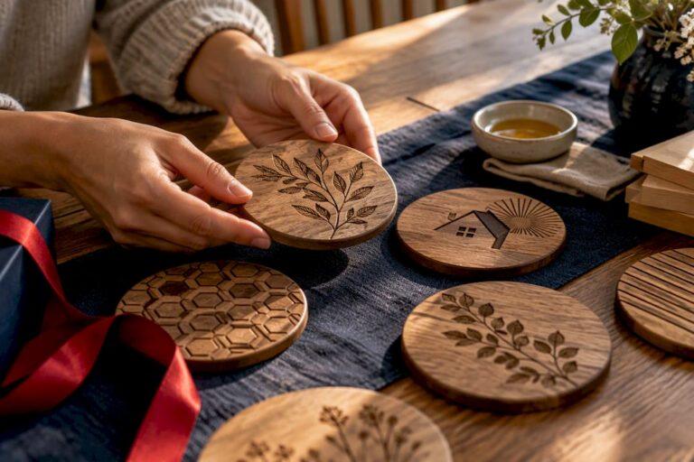 Partially cropped engraved coaster motifs on table