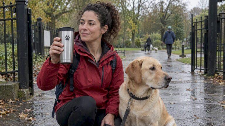 Dog owner holding personalized travel mug
