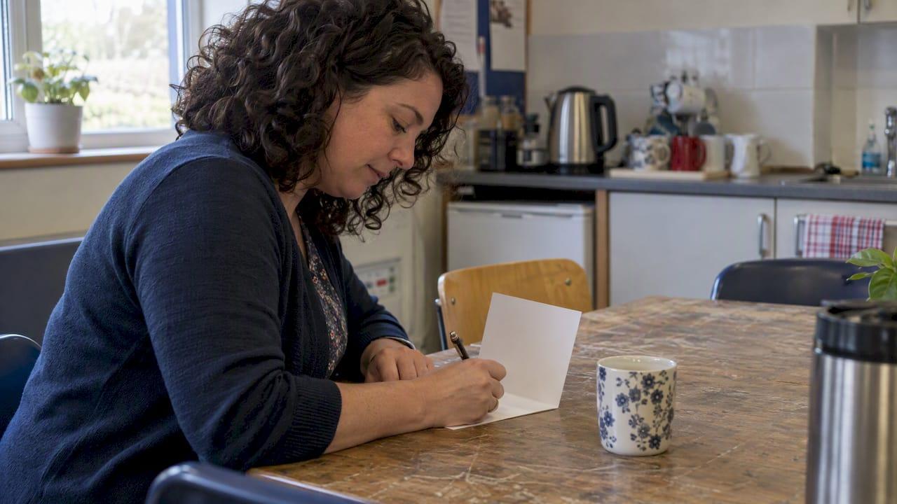 Hands writing a personal retirement note