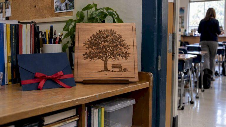 Engraved retirement plaque prepared for a teacher