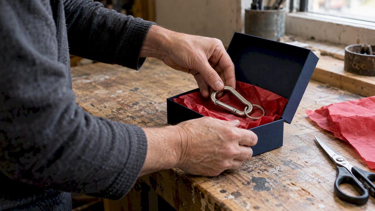 Personalized carabiner placed in presentation box