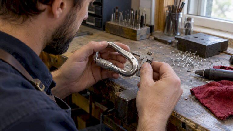 Personalized carabiner being checked for engraving clarity