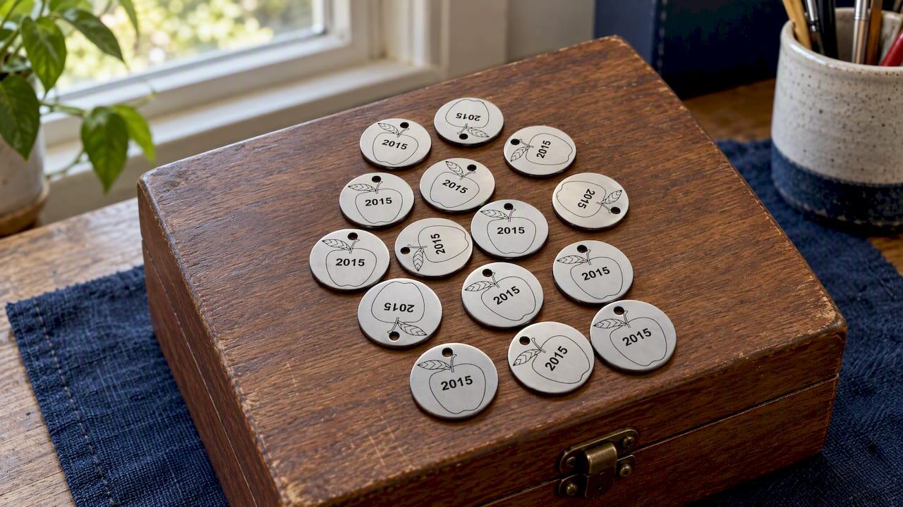 Numbered stainless keepsake charms on walnut box