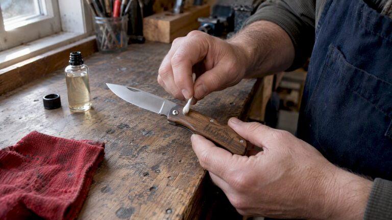 Hands oiling engraved wooden pocket knife