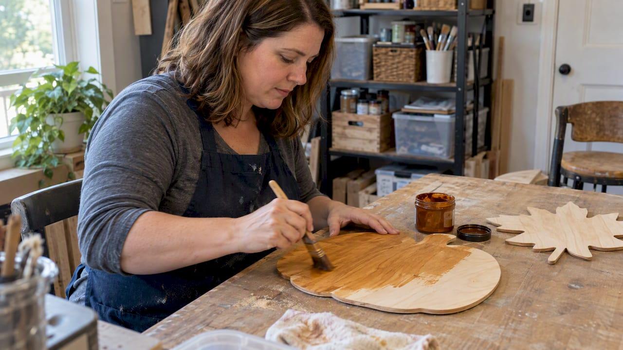 Crafter staining a plywood pumpkin cutout