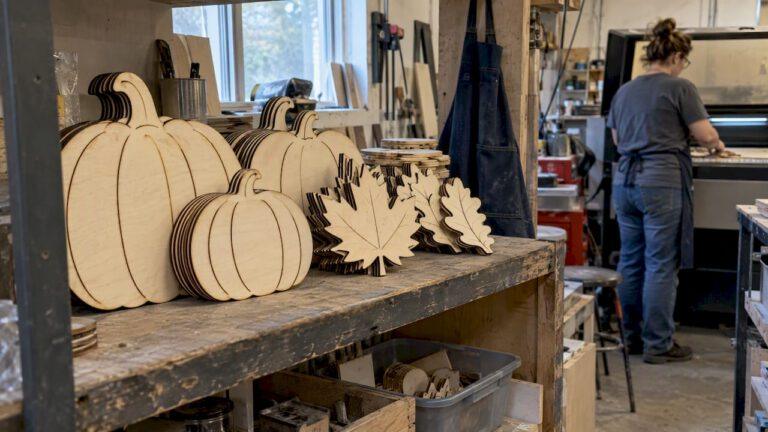 Plywood autumn cutouts displayed in Georgia shop