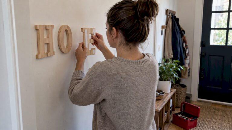 Persona colocando letras de madera en la pared