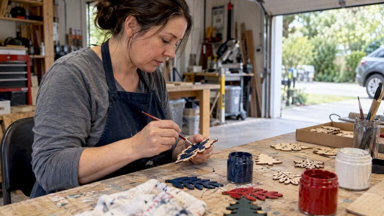 Crafter painting laser-cut plywood pieces