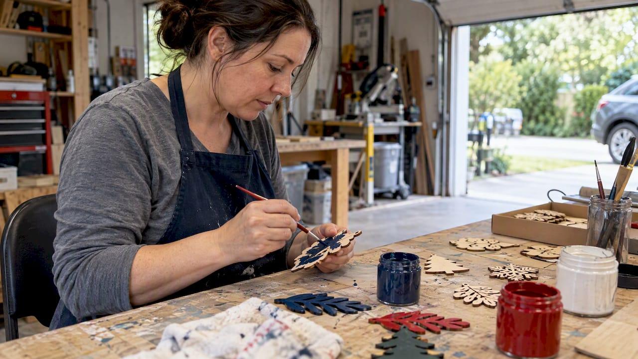 Crafter painting laser-cut plywood pieces