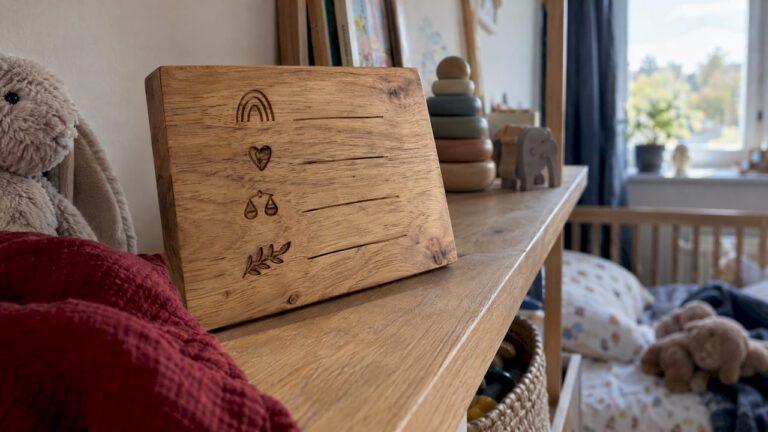 Placa de madera personalizada como recuerdo de nacimiento
