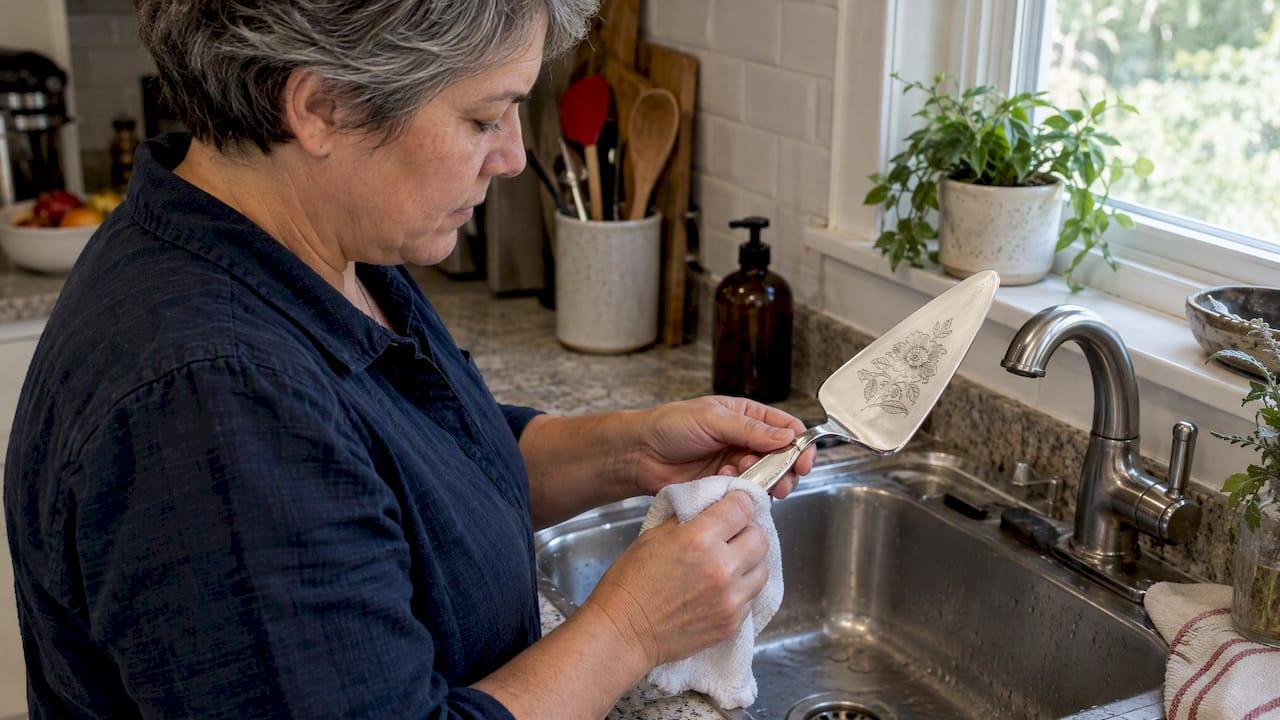 Cook tests cleaner beneath pie server handle