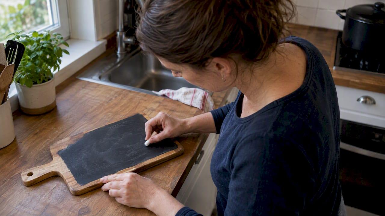 Mano escribiendo con tiza sobre una tabla de cocina