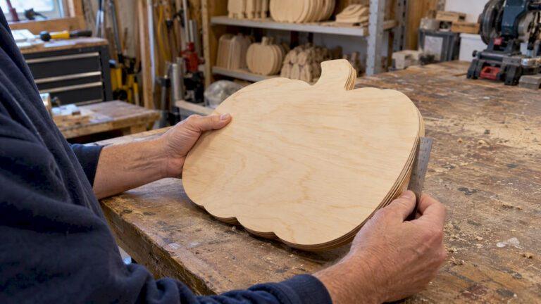 Unfinished plywood pumpkin blank under inspection