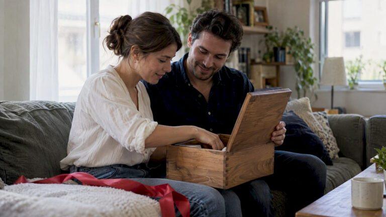 Una pareja descubre un recuerdo de madera grabado