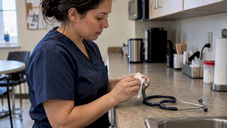 Clinician wiping an engraved stethoscope chestpiece