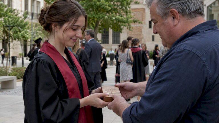 Una graduada recibe un recuerdo de madera grabado
