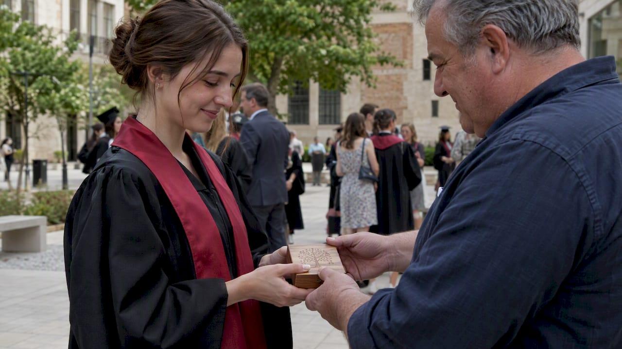 Una graduada recibe un recuerdo de madera grabado