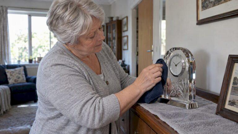 Woman gently wiping an engraved crystal clock