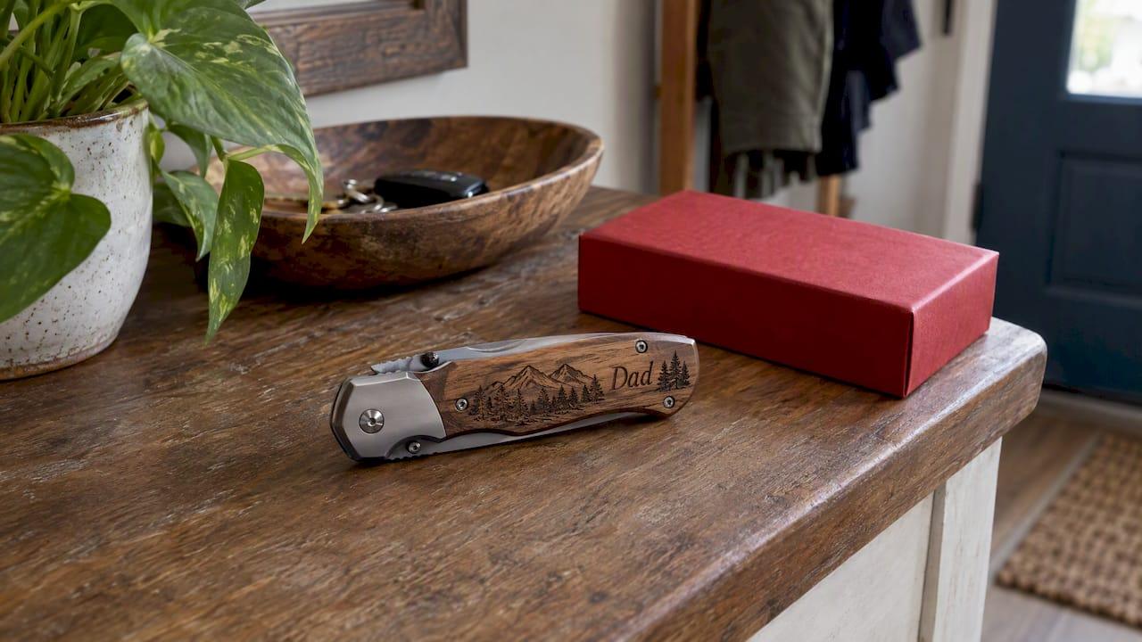 Personalized folding pocket knife beside a gift box