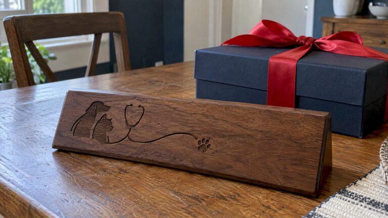 Walnut veterinarian name plate prepared as a graduation gift