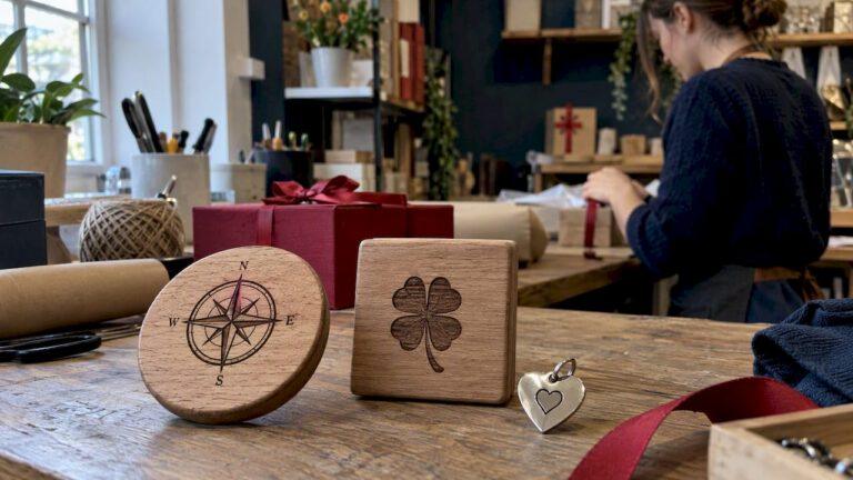 Símbolos inscritos en presentes de madera y metal