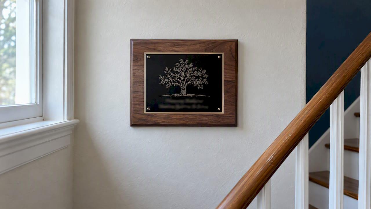 Walnut anniversary plaque mounted on a home wall