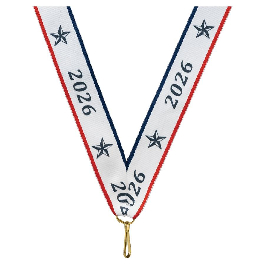 7/8" Medal Neck Ribbons with or without Snap Clip (Packs) - 7/8" Red, White & Blue 2026 Neck Ribbon with Snap Clip