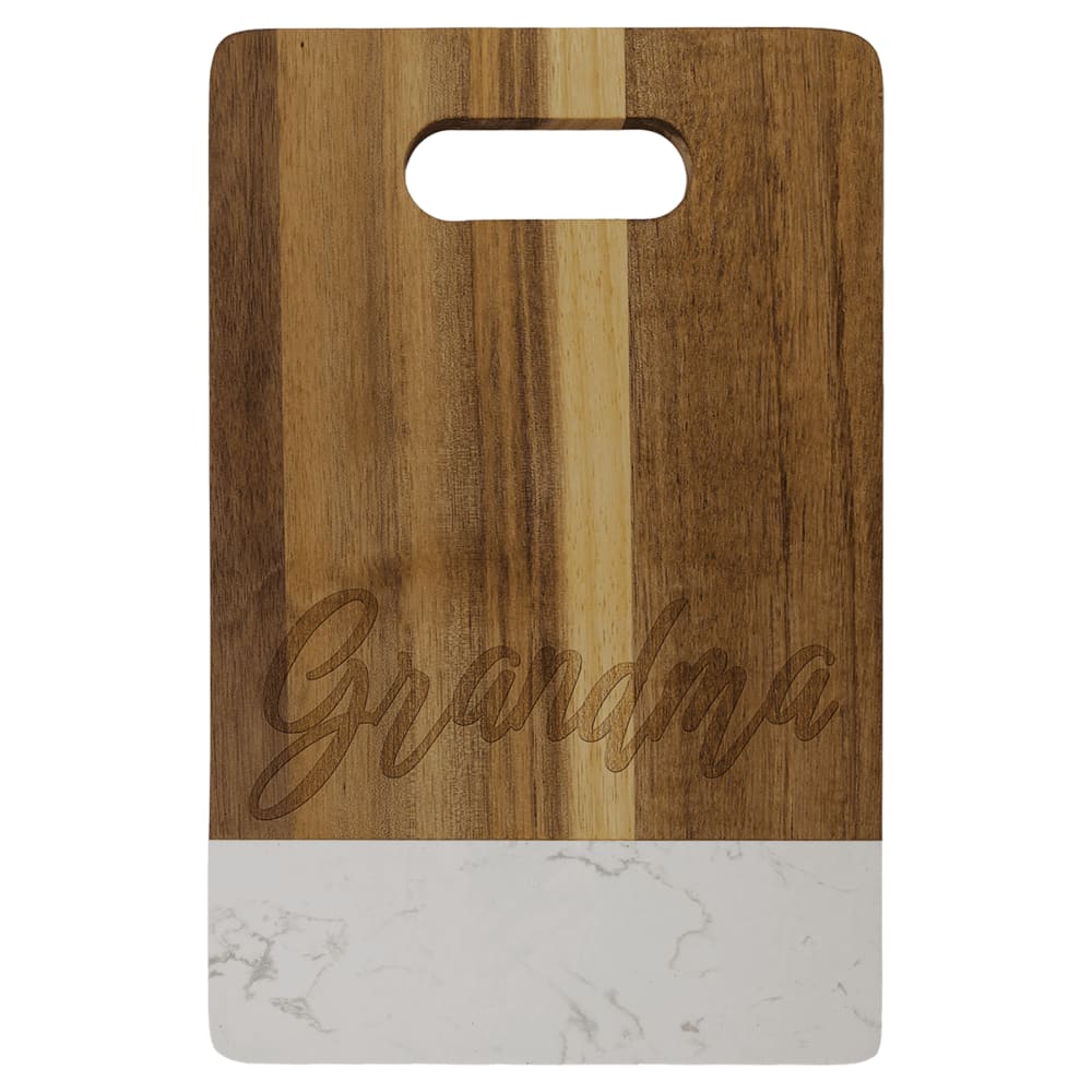 Personalized Acacia and Marble Cutting Board - White, 9" x 6" with Handle