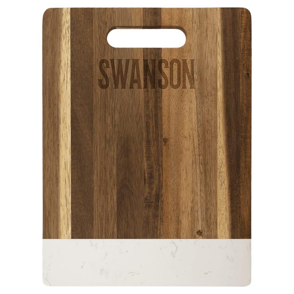 Personalized Acacia and Marble Cutting Board - White, 11 1/2" x 8 3/4" with Handle
