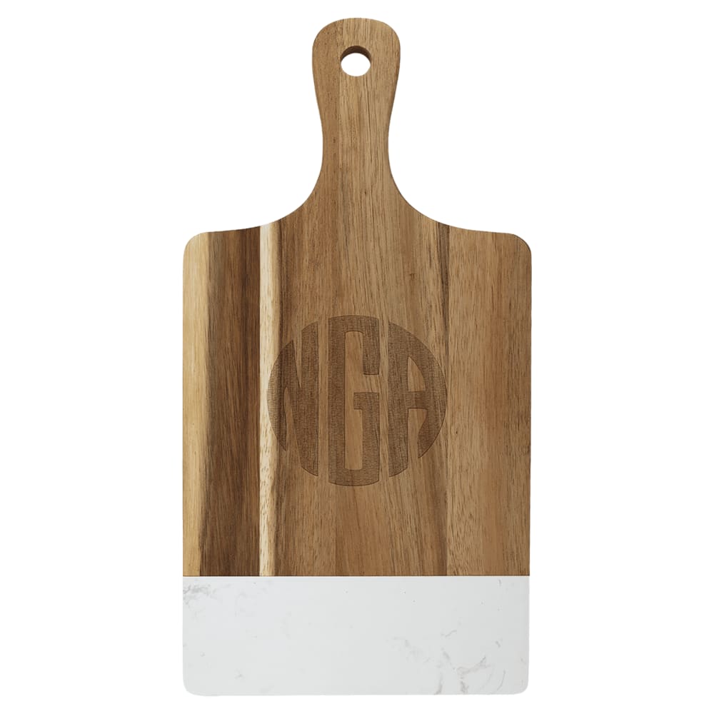 Personalized Acacia and Marble Cutting Board - White, 13 1/2" x 7" Paddle