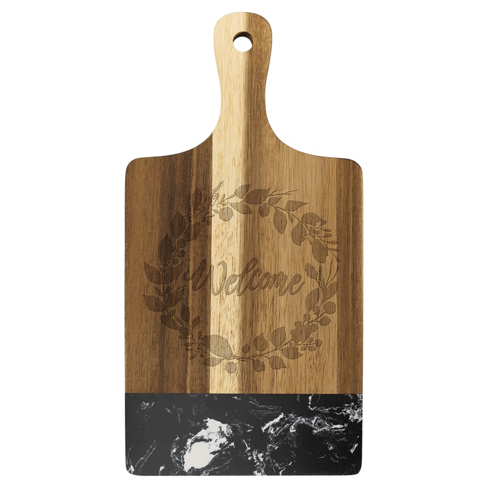 Personalized Acacia and Marble Cutting Board - Black, 13 1/2" x 7" Paddle