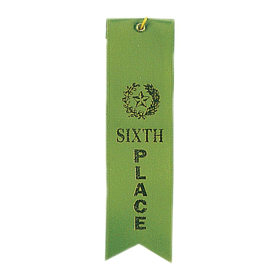 Award Ribbons, Badge Holders, Pin Backs and Lanyards (Packs) - Green 6th Place Carded Ribbon with String