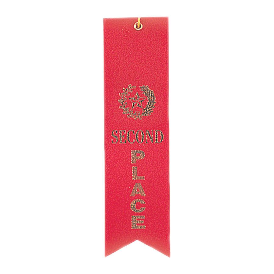 Award Ribbons, Badge Holders, Pin Backs and Lanyards (Packs) - Red 2nd Place Carded Ribbon with String