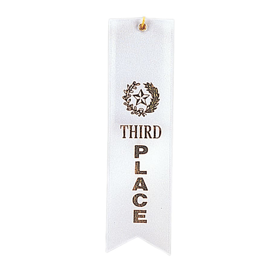 Award Ribbons, Badge Holders, Pin Backs and Lanyards (Packs) - White 3rd Place Carded Ribbon with String