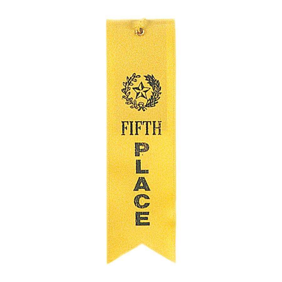 Award Ribbons, Badge Holders, Pin Backs and Lanyards (Packs) - Yellow 5th Place Carded Ribbon with String