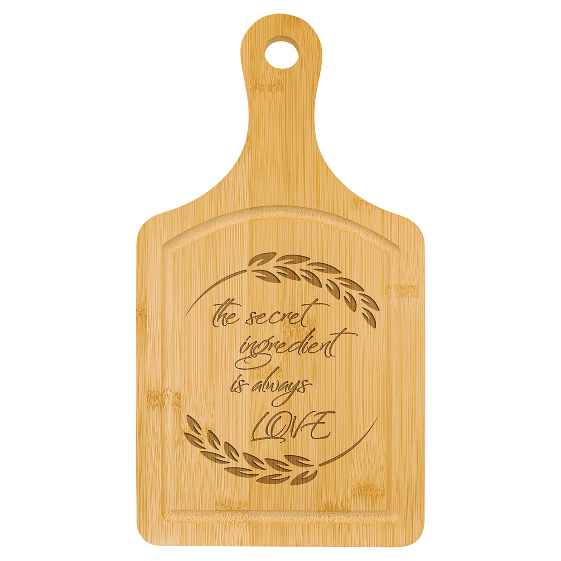 Personalized Bamboo Cutting Board with Juice Groove - 13 1/2in x 7in Paddle