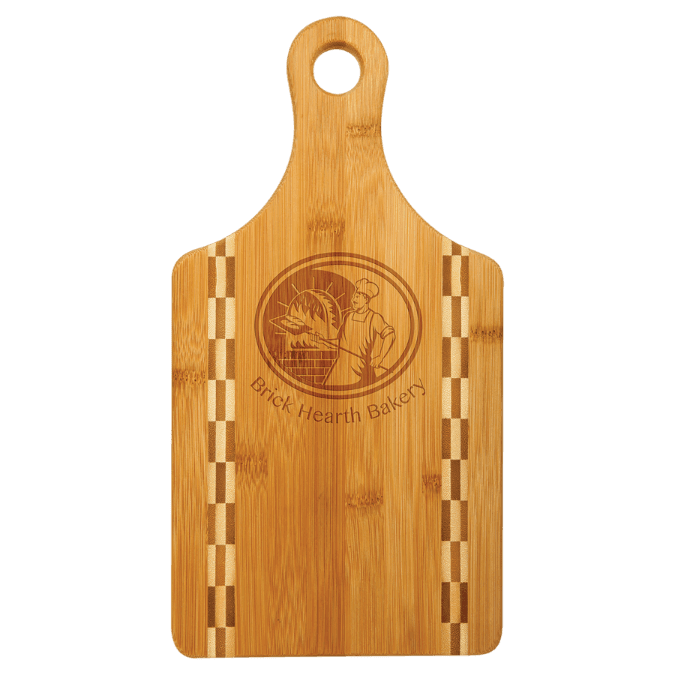 Personalized Bamboo Cutting Board with Butcher Block Inlay - 13 1/2in x 7in Paddle