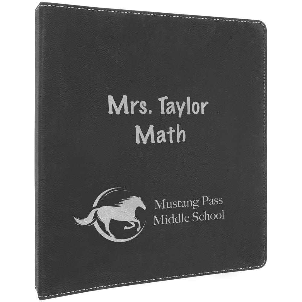 Personalized 3 Ring Binder, Engraved Faux Leather - 1" Rings, Black/Silver