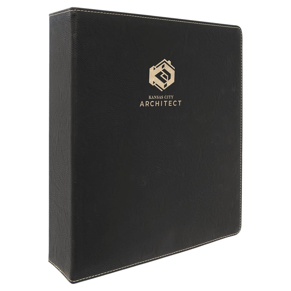 Personalized 3 Ring Binder, Engraved Faux Leather - 2" Rings, Black/Gold