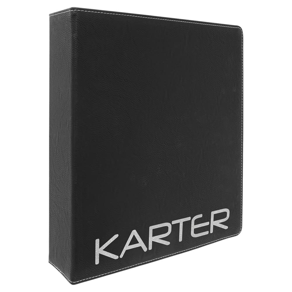 Personalized 3 Ring Binder, Engraved Faux Leather - 2" Rings, Black/Silver